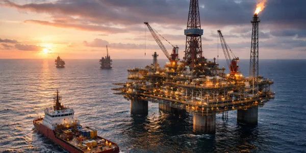 Offshore platform at sunset